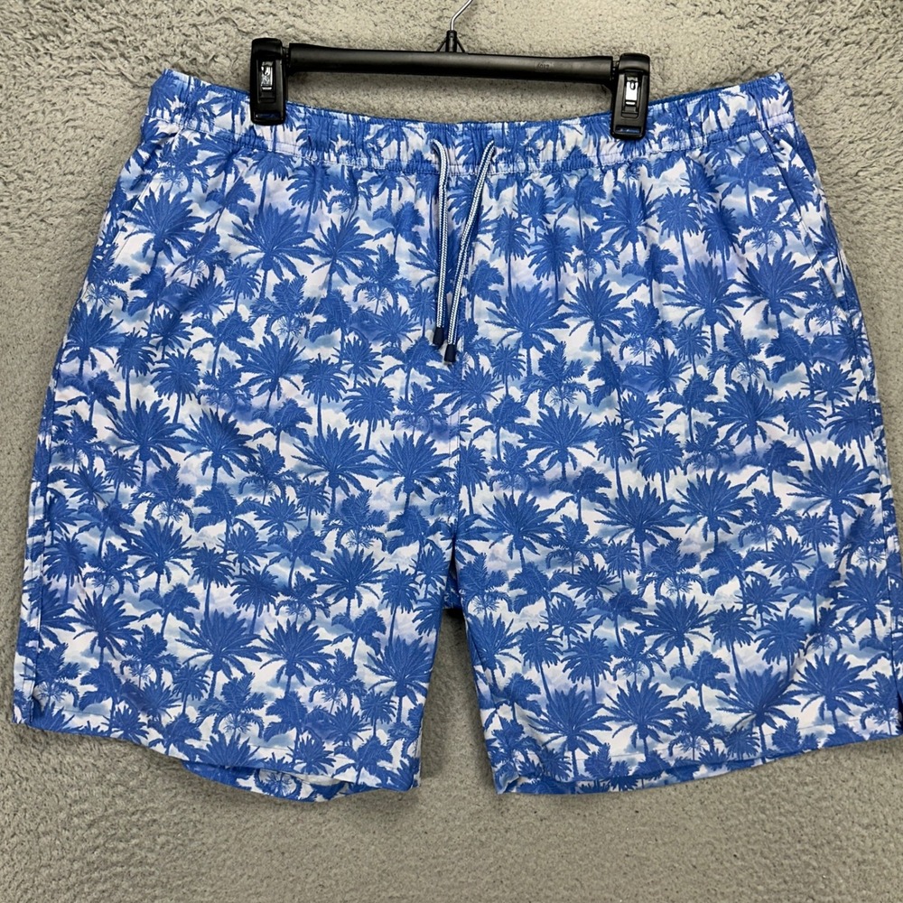 Peter Millar Seaside Men Swim Trunks 2XL Blue Palm Print Mesh Lined Board Shorts